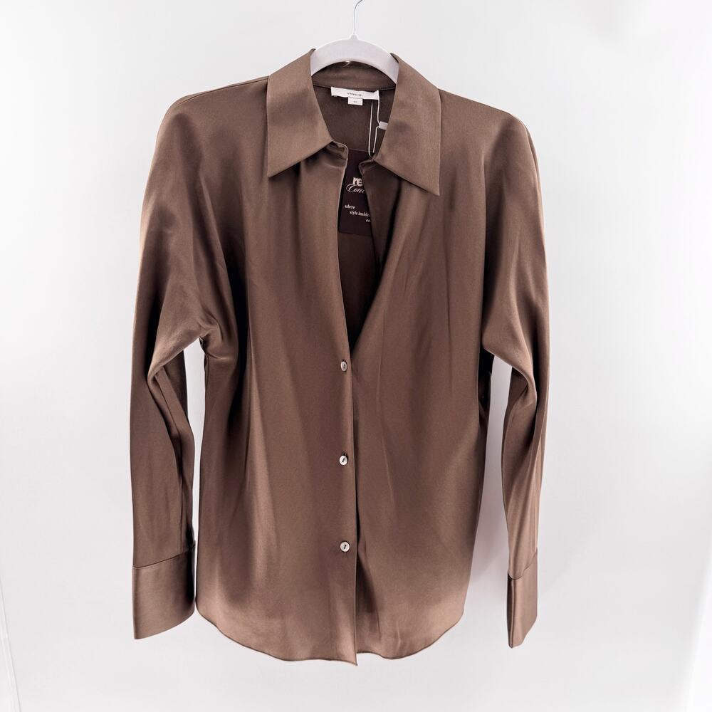 NWT Vince Silk Long Sleeve Collared Button-Front Shirt Dark Brown Women's Small